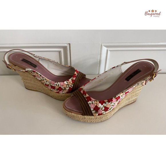 Auth LOUIS VUITTON Floral Satin Fabric Patent Ankle Strap Espadrille Wedge 7.5 - Picture 11 of 15